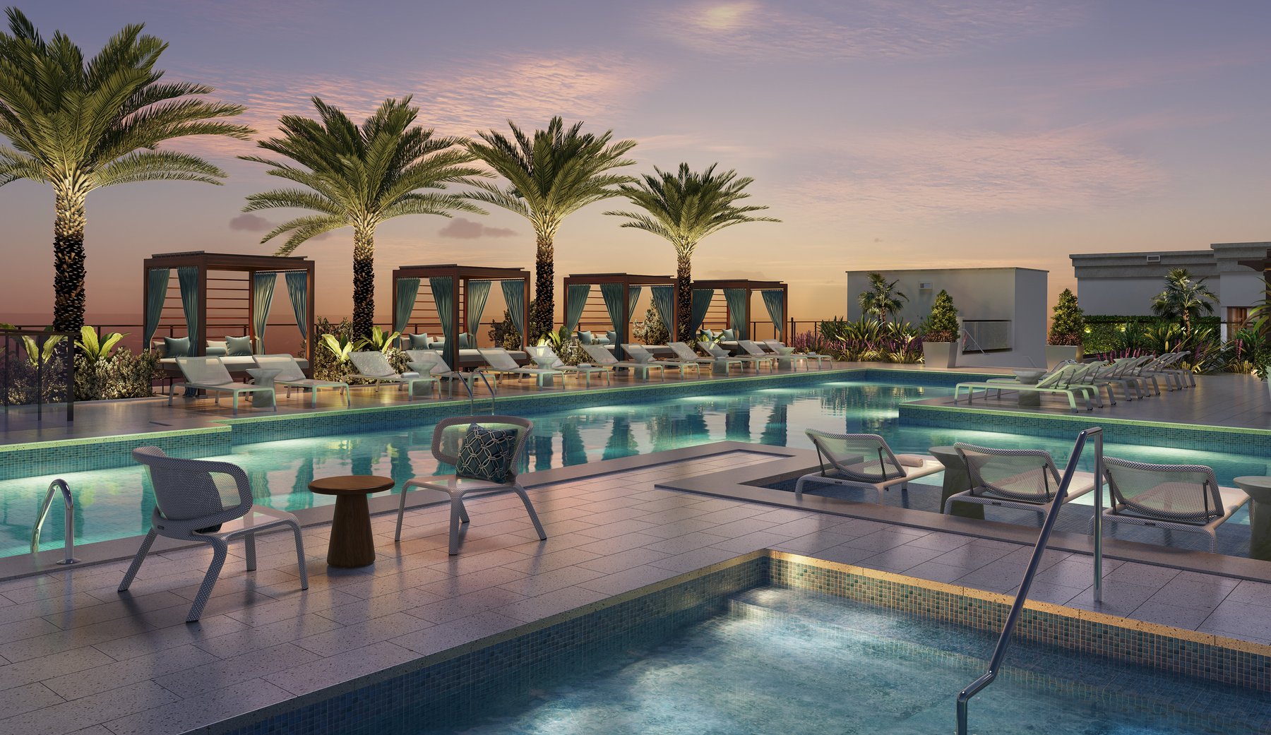 Rooftop pool at dusk with palms and cabanas